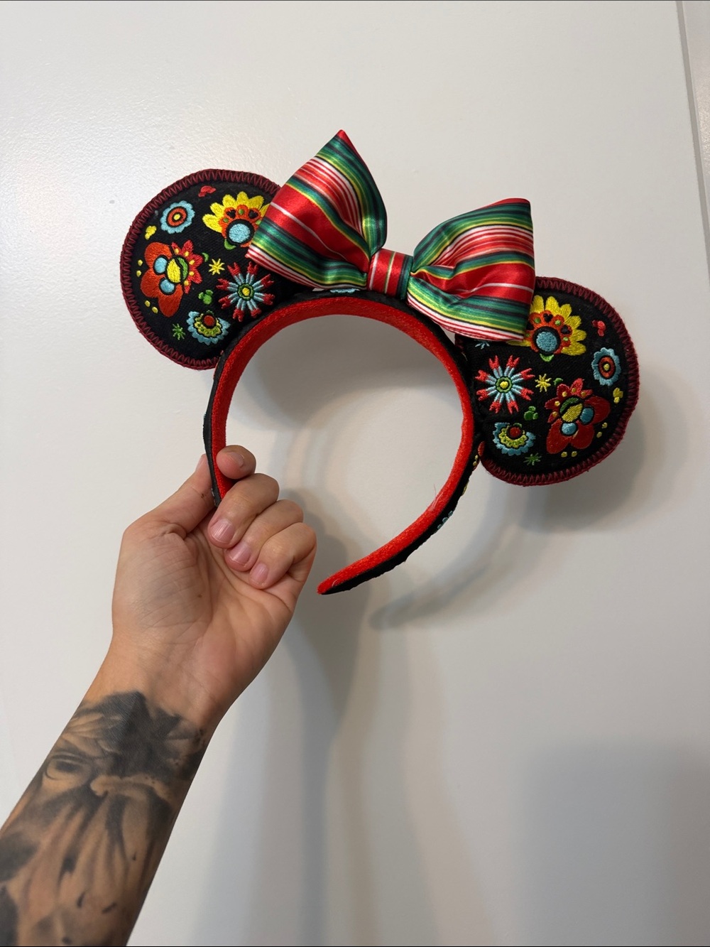 Disney Embroidered Floral Mouse Ear Headband with Red and Green Striped Bow